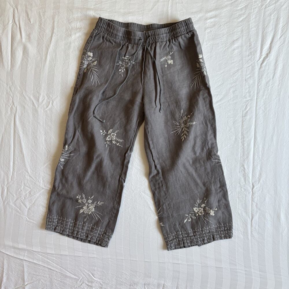 Johnny Was Workshop Linen Embroidered Crop Pants Gray Pull On Womens Medium